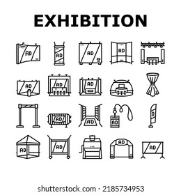 stand trade show event booth icons set vector. exhibition advertising promo information, poster showcase, stroke board, promotion stand trade show event booth black contour illustrations