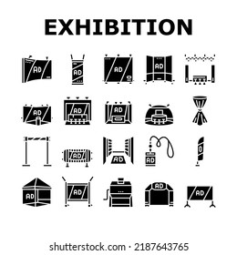 stand trade show event booth icons set vector. exhibition advertising promo information, poster showcase, stroke board, promotion stand trade show event booth glyph pictogram Illustrations