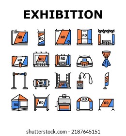 stand trade show event booth icons set vector. exhibition advertising promo information, poster showcase, stroke board, promotion stand trade show event booth color line illustrations