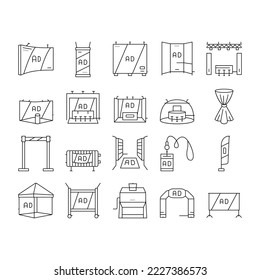 Stand Messe Event Stand Icons Set Vektorgrafik. Ausstellungsanzeige-Informationen, Poster-Showcase, Strichbrett, Promotion-Messestand Messestand und schwarze Kontur-Illustrationen