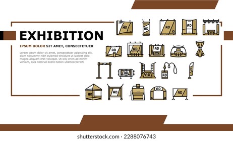 stand trade show event booth Landing Web Page Vector. exhibition advertising promo information, poster showcase, stroke board, promotion stand trade show event booth Illustration