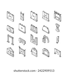stand trade show event booth isometric icons set. exhibition advertising promo information, poster showcase, stroke board, promotion stand trade show event booth color line