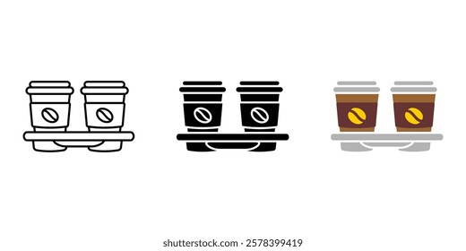 Stand with two paper coffee cup icon. Cappuccino or latte illustration. Cafe hot drink symbol. Coffee break sign. Disposable cup beverage pictogram.