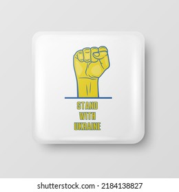 Stehen Sie mit der Ukraine! Button Pin Badge mit Anti-War Call. Kampf, Protest, Unterstützung der Ukraine, zuerst aufgewachsen. Vektorgrafik. Slogan, Aufruf zur Unterstützung der Ukraine