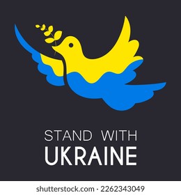 Stand with Ukraine. Dove symbol of peace. Vector illustration isolated on dark background.