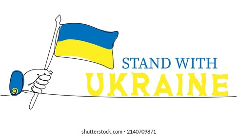 Stand with Ukraine. Hand holding waving flag of Ukraine. One continuous line drawing. Vector illustration