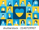 Stand with Ukraine. I love Ukraine. patriotic poster. Ukrainian people. Save Ukraine. for world peace. Ukrainian characters. Pray for Ukraine. a group of people in the colors of the Ukrainian flag. 