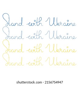 Stand with Ukraine outline and dashed vector lettering in Ukraine flags colours on white background. Lettering text for print, website or app. Stand for Ukraine