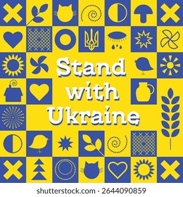 Stand with Ukraine – Patriotic Poster with Ukrainian Symbols A bold and modern graphic poster featuring the phrase "Stand with Ukraine" surrounded by stylized icons and traditional symbols