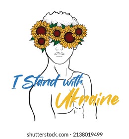 Estoy con Ucrania. Paz para Ucrania, ilustración vectorial. El tipo en una corona de girasoles.