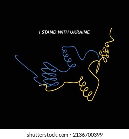 I stand with Ukraine print. Blue and yellow pigeon line art on the dark background. Vector illustration