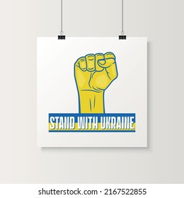 Stehen Sie mit der Ukraine! Aufhellte Faust. Symbol des Kampfes, Protest, Unterstützung der Ukraine. Kein Krieg. Vektorgrafik. Slogan, Aufruf zum Frieden, Unterstützung für die Ukraine. Hör auf zu Krieg. T-Shirt, Plackard Print