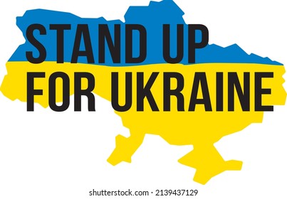 Stehen Sie für die Ukraine auf. Rettet die Ukraine. Vektorgrafik. Karte der Ukraine.  Karte der Ukraine einzeln auf weißem Hintergrund. Ukrainische Flagge und Karte mit Typografie. У к р а ї а.