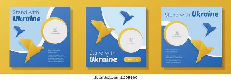 Stand with Ukraine social media post, banner set, world peace advertisement concept, stop war, country support marketing square ad, abstract print, isolated on background.