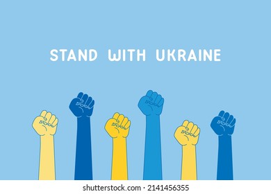 Stand with Ukraine. Strong Ukraine. theme of patriotism.  Activists with raised fists and text. poster or banner for social media with support concept. Support of Ukraine. Volunteer movement. 