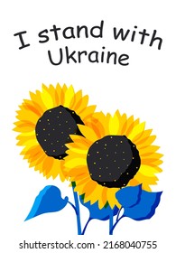 I stand with Ukraine. Two sunflower flowers on a white background with yellow petals and blue leaves are symbols of Ukraine. Vector.