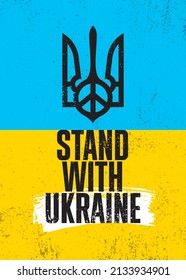 Stand With Ukraine. Ukrainian Trident With Peace Symbol Inside. Vector Sign On National Flag Background.