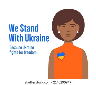 Steht mit ukrainischer Vektorbanner schwarze Frau mit Herzstift mit Farben der ukrainischen Flagge. Gebet für Ukraine.