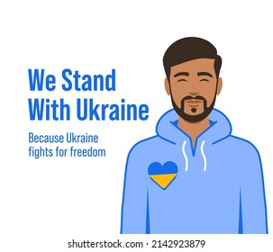 Stand with ukraine vector banner. Isolated Illustration. Man with heart pin with colors of Ukrainian flag. Indian or arabic man.  Praying for ukraine.