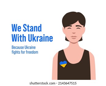 Stand with ukraine vector banner. Isolated Illustration. Brunette White Woman with heart pin with colors of Ukrainian flag. Praying for ukraine.