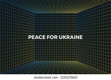 Stand with Ukraine. Vector illustration with blue and yellow color. Background design with abstract wireframe landscape.