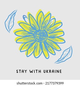 Stand with Ukraine. Vector line art illustration with blue and yellow color. Background banner design with flower