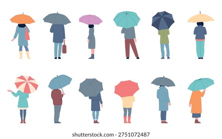 Stand with umbrella. Autumn spring characters holding different umbrellas. Flat men women standing under rain, back view, recent vector set