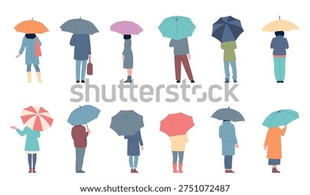 Stand with umbrella. Autumn spring characters holding different umbrellas. Flat men women standing under rain, back view, recent vector set