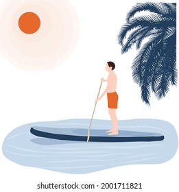 Stand up  vector stock illustration. A man stands up paddle boarding at dusk on a flat warm quiet sea with beautiful sunset colors. Isolated on a white background