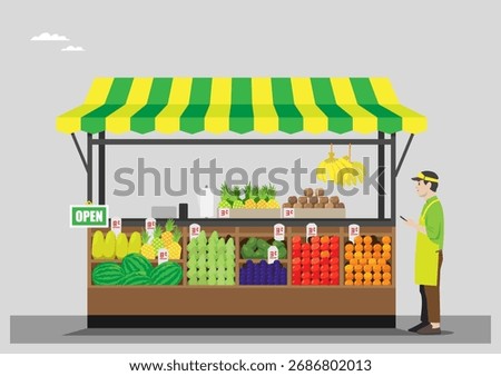 Stand with Vendor and Assorted Fresh Fruit for Sale
