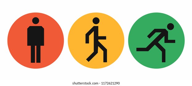 Stand, walk and run icons in red, yellow and green circles, states of the human body position, simple abstract man signs vector illustration isolated on white background
