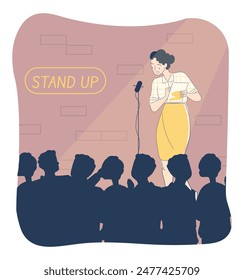 Stand up woman concept. Young girl with microphone perform between audience. Humor and jokes. Cultural rest, entertainment and leisure. Linear flat vector illustration isolated on white background