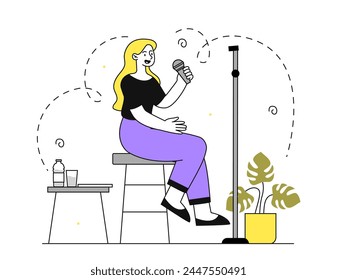 Stand up woman simple. Young girl sitting at chair with mic. Humorist with jokes. Performing at scene and stage. Cultural rest and leisure. Entertainment event. Linear flat vector illustration