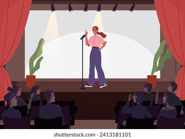 Stand up woman. Young girl with microphone at scene. Character speaking jokes. Fun and humour. Famous person performing at scene. Talented comedian at stage. Cartoon flat vector illustration