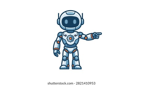 Standalone robot mascot pointing to the right in color block vector illustration ideal for AI branding and tech mascot content