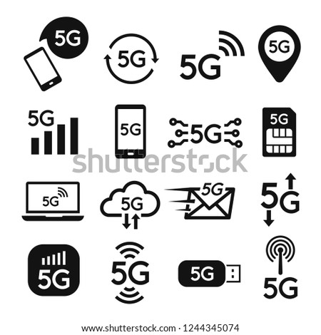 Standard 5g icon set for internet and phone. Fifth generation of cellular mobile communications. Vector line art illustration isolated on white background