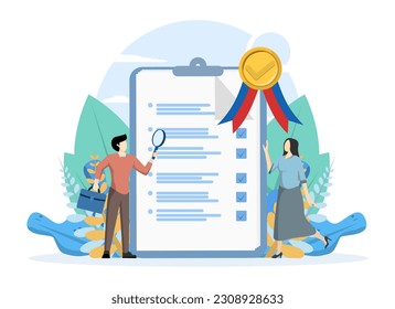 Standard, assurance checklist document, assurance concept, quality control or certified approval, company policy or compliance, businessman holding magnifying glass with standard QC badge document.