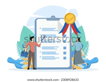 Standard, assurance checklist document, assurance concept, quality control or certified approval, company policy or compliance, businessman holding magnifying glass with standard QC badge document.