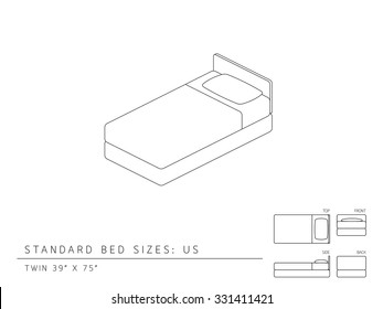 Standard bed sizes of us (United States of America) Twin size 39 x 75 inches perspective 3d isometric with dimension top front side and back view illustration outline set black and white color