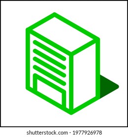 Standard building icon in isometric flat design with green color and shape of a shadow.