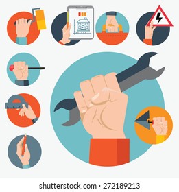 Standard cabinet tip screwdriver, turn-screw. Hand saw set for wood. Man, person with toolbox and wrench in hands. Male worker showing folding ruler roulette. Tools series. Flat icon modern design