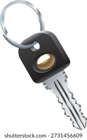 Una llave de coche estándar con un mango negro unido a un llavero de metal. Diseñado para abrir las puertas del automóvil, encender el encendido y acceder al maletero, a menudo con un chip transpondedor para mayor seguridad.