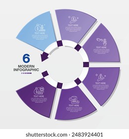 Standard circle infographic template with 6 steps, process or options, process chart, Used for process diagram, presentations, workflow layout, flow chart, infograph. Vector eps10 illustration.