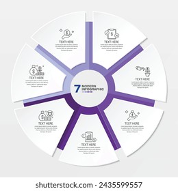 Standard Kreis Infografik Vorlage mit 7 Schritten, Prozess oder Optionen, Prozessdiagramm, Für Prozessdiagramm, Präsentationen, Workflow Layout, Flussdiagramm, Infograph. Vektor eps10-Darstellung.