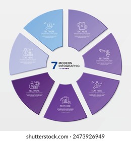 Standardmäßige Kreis-Infografik-Vorlage mit 7 Stufen, Prozess oder Optionen, Prozessdiagramm, Für Prozessdiagramm, Präsentationen, Workflow-Layout, Flussdiagramm, Infograph. Vektorgrafik EPS10 Abbildung.