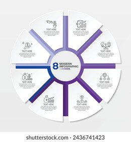 Standard circle infographic template with 8 steps, process or options, process chart, Used for process diagram, presentations, workflow layout, flow chart, infograph. Vector eps10 illustration.