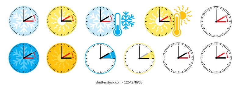 Standard clocks summer time  or winter time. Vector clock switch or  Change time.  Clock return to two or  three hours for summertime or wintertime. Daylight Saving Time. Forwards, scale