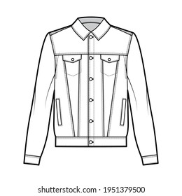 Standard denim jacket technical fashion illustration with oversized body, flap welt pockets, button closure, classic collar, long sleeves. Flat apparel front, white color. Women, men unisex CAD mockup