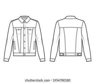 Standard Denim Jacket Technical Fashion Illustration With Oversized Body, Flap Welt Pockets, Button Closure, Classic Collar. Flat Apparel Front, Back, White Color Style. Women, Men Unisex CAD Mockup