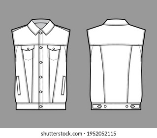 Standard denim vest technical fashion illustration with oversized body, flap welt pockets, button closure, classic collar, sleeveless. Flat apparel front, back, white color style. Women men CAD mockup